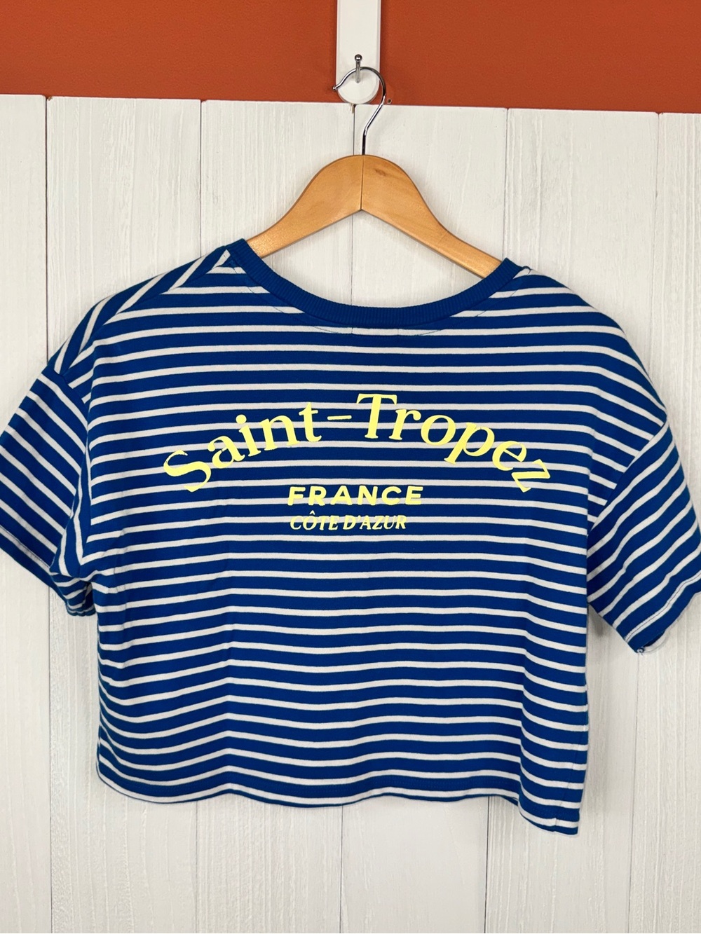 Stradivarius Blue and White “Saint Tropez France” Striped Cropped Shirt